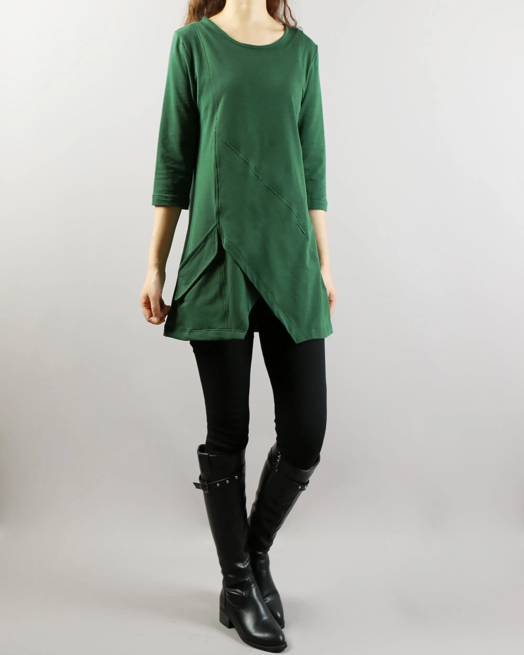 3/4 sleeve cotton tunic top, Boho tunic tops, casual loose t-shirt, women's dark blue long tops(Y2008)