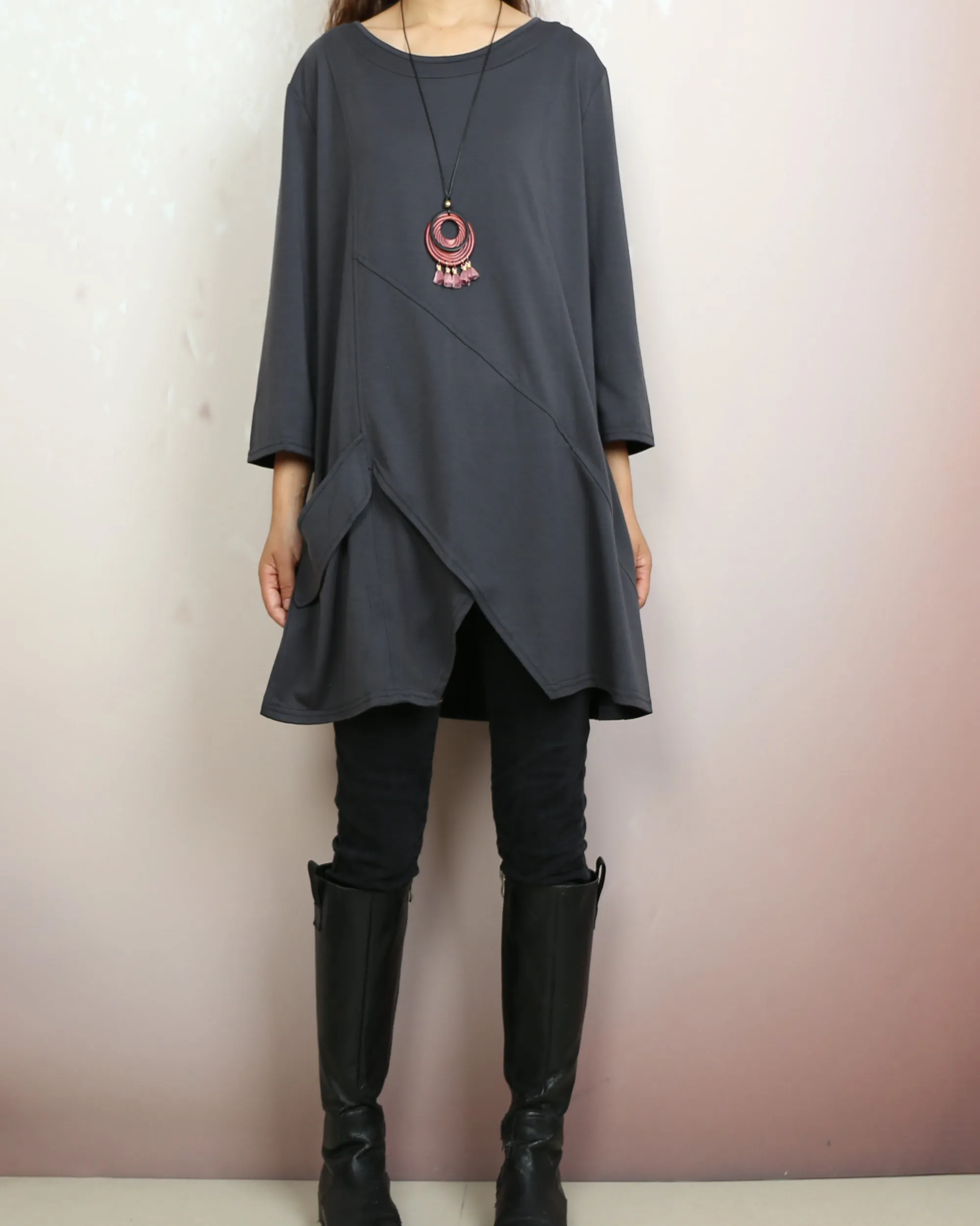 3/4 sleeve cotton tunic top, Boho tunic tops, casual loose t-shirt, women's dark blue long tops(Y2008)