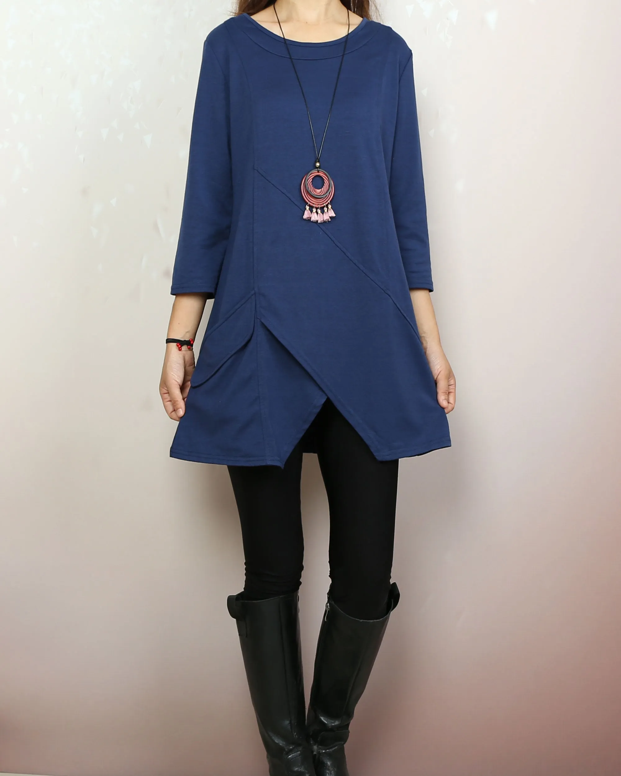 3/4 sleeve cotton tunic top, Boho tunic tops, casual loose t-shirt, women's dark blue long tops(Y2008)