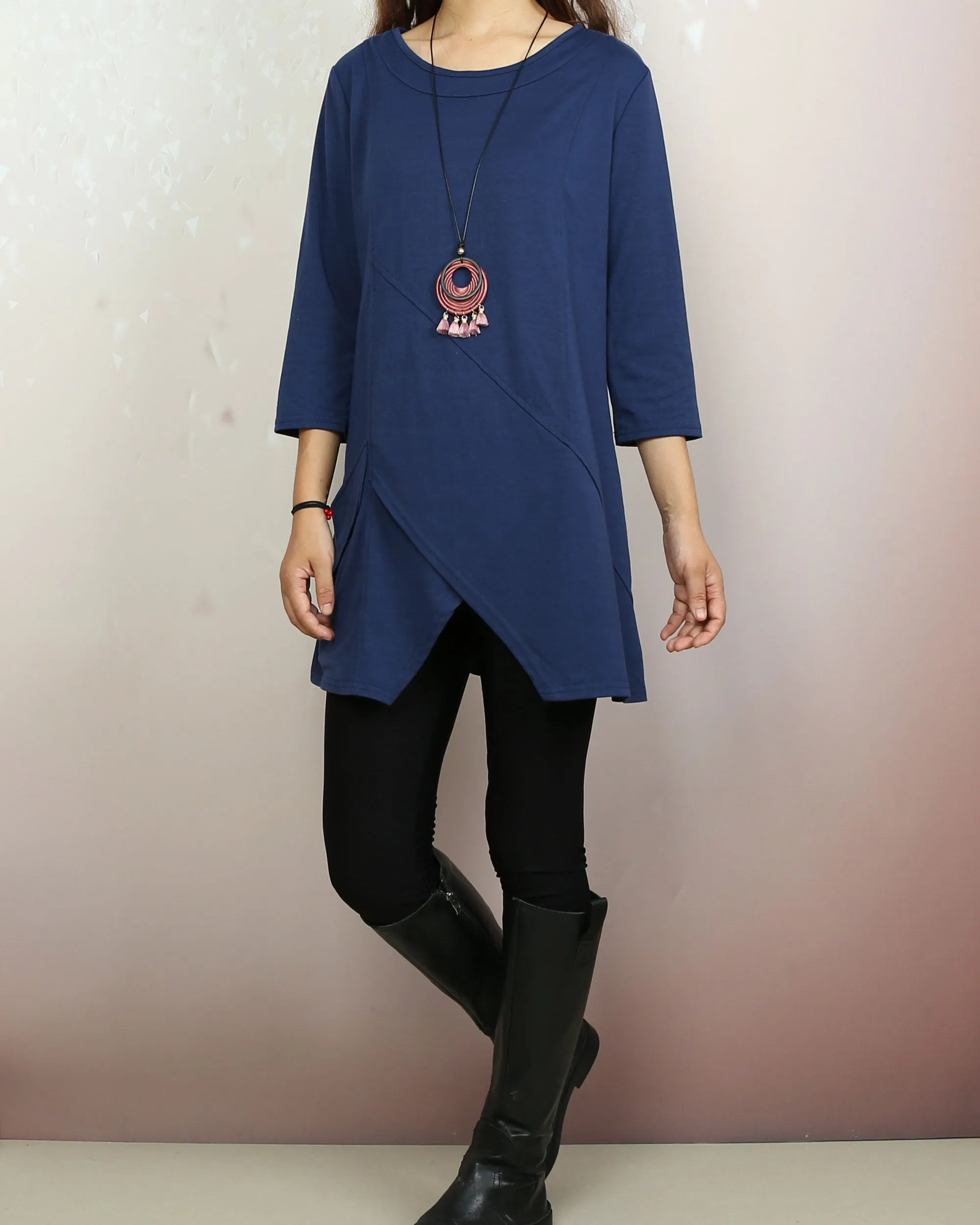 3/4 sleeve cotton tunic top, Boho tunic tops, casual loose t-shirt, women's dark blue long tops(Y2008)