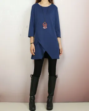 3/4 sleeve cotton tunic top, Boho tunic tops, casual loose t-shirt, women's dark blue long tops(Y2008)