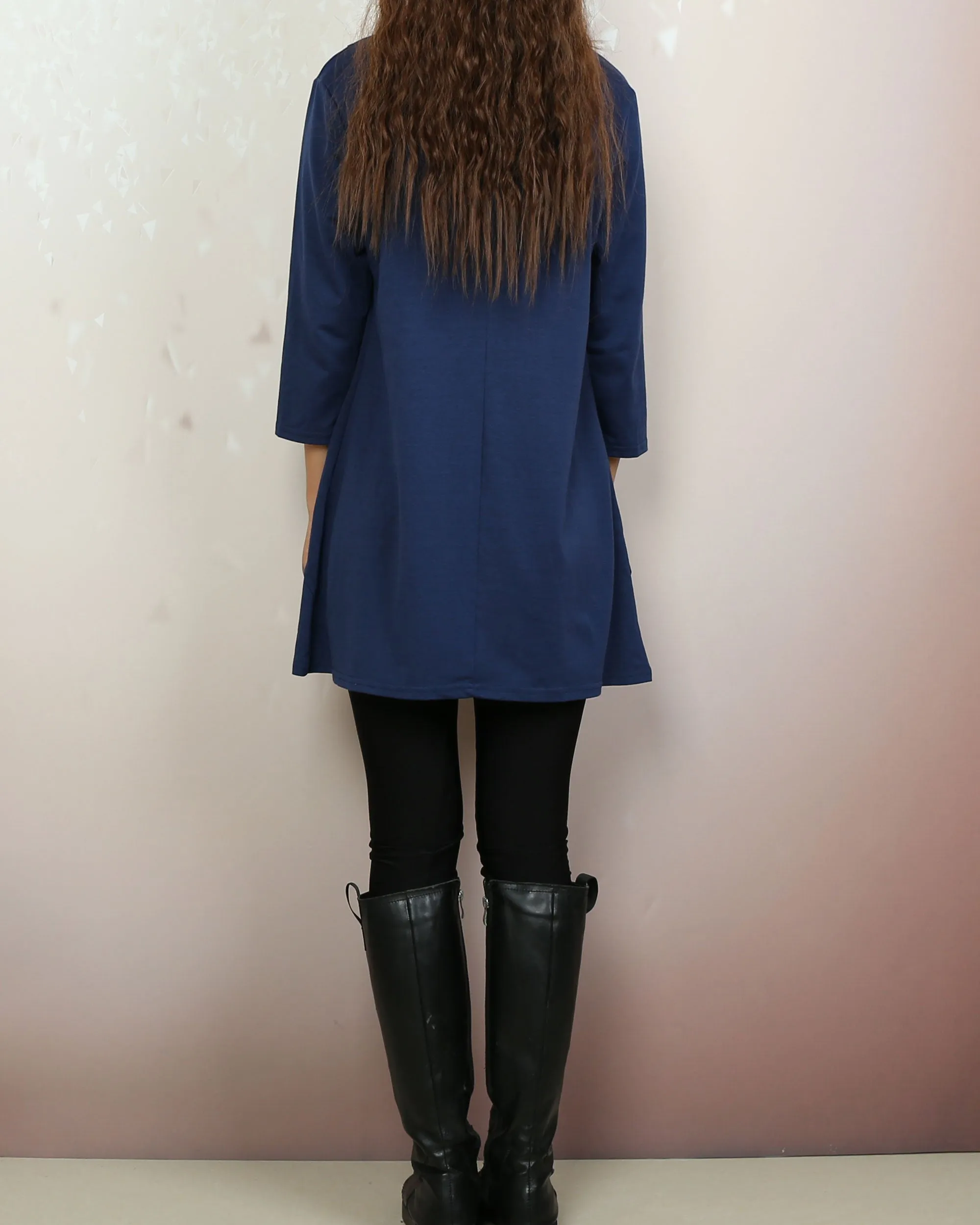 3/4 sleeve cotton tunic top, Boho tunic tops, casual loose t-shirt, women's dark blue long tops(Y2008)