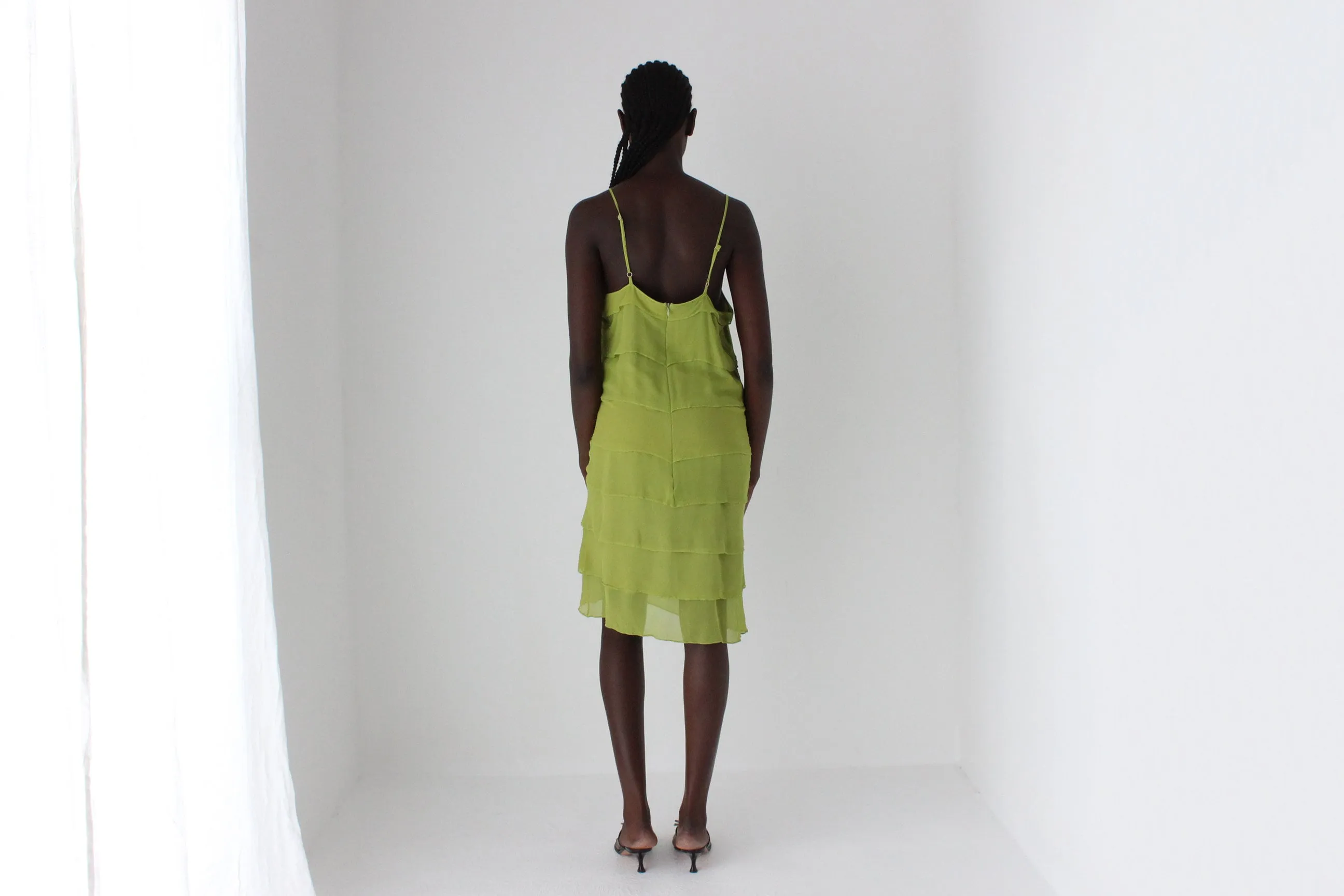 90s Chartreuse Silk Layered Ruffle Slip Dress