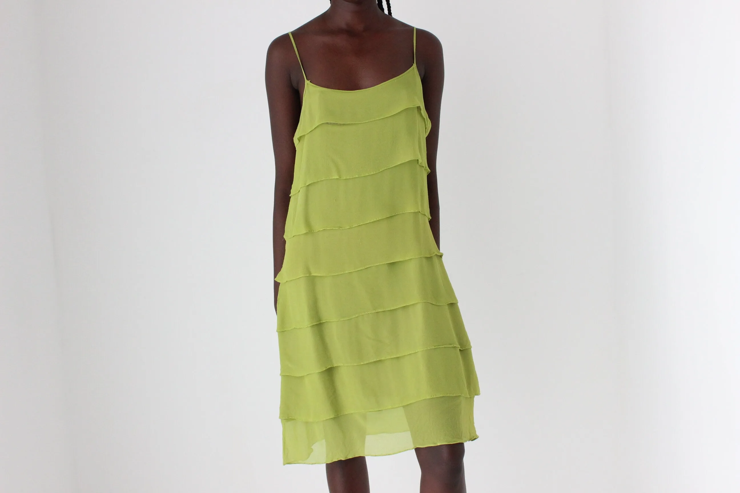 90s Chartreuse Silk Layered Ruffle Slip Dress