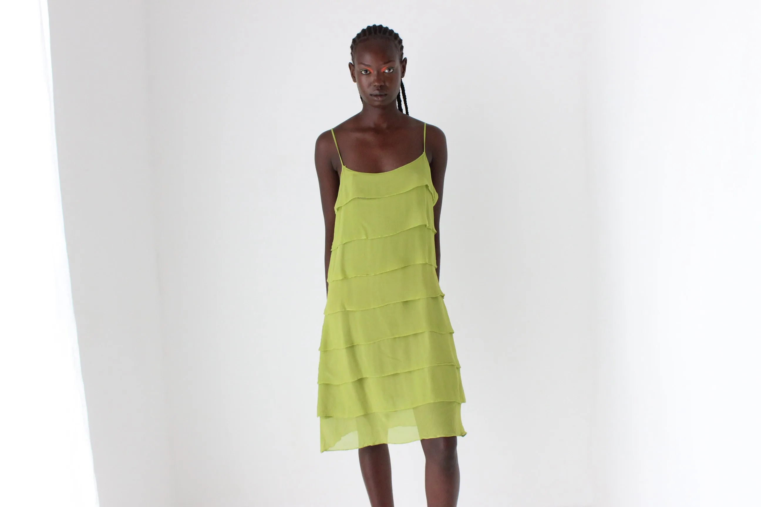 90s Chartreuse Silk Layered Ruffle Slip Dress