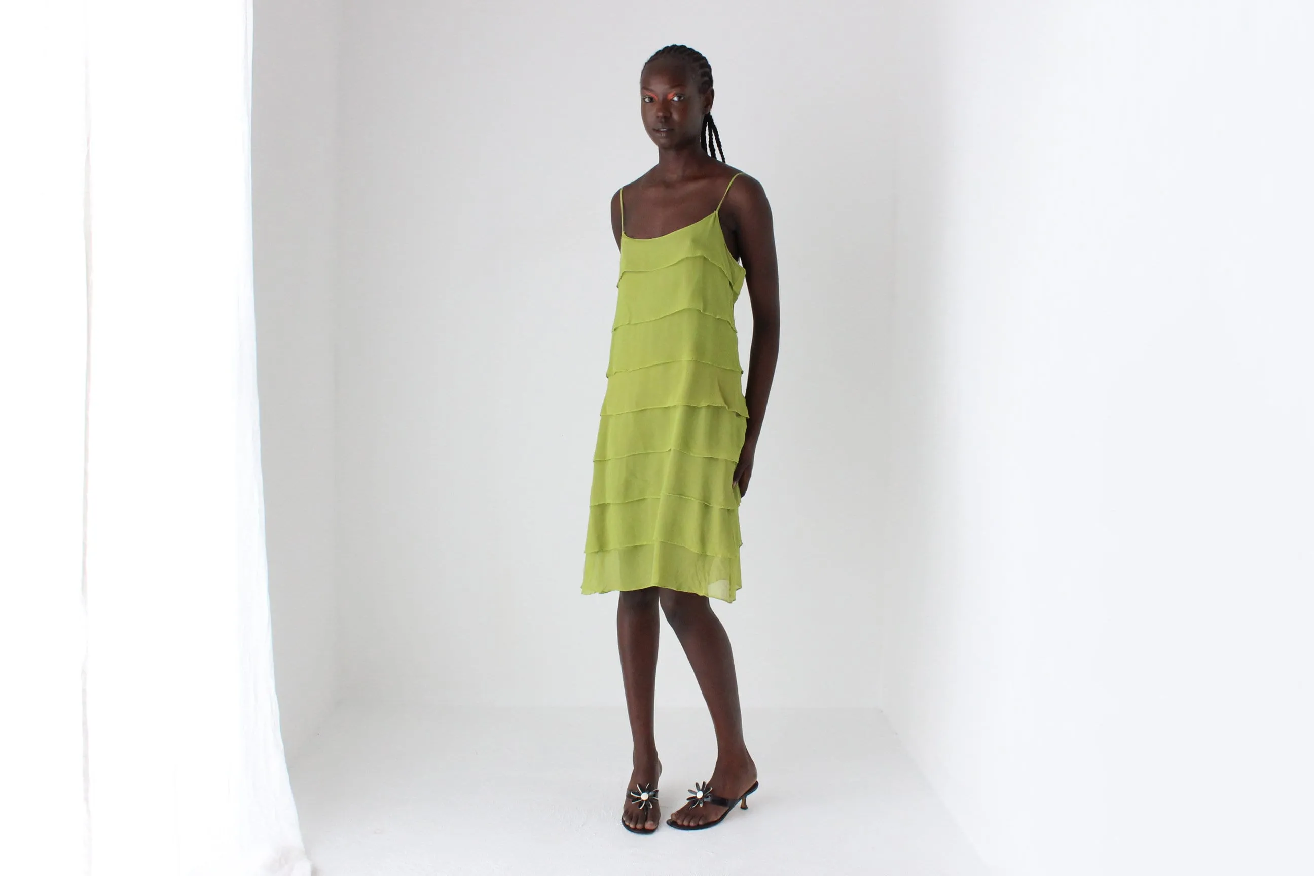 90s Chartreuse Silk Layered Ruffle Slip Dress