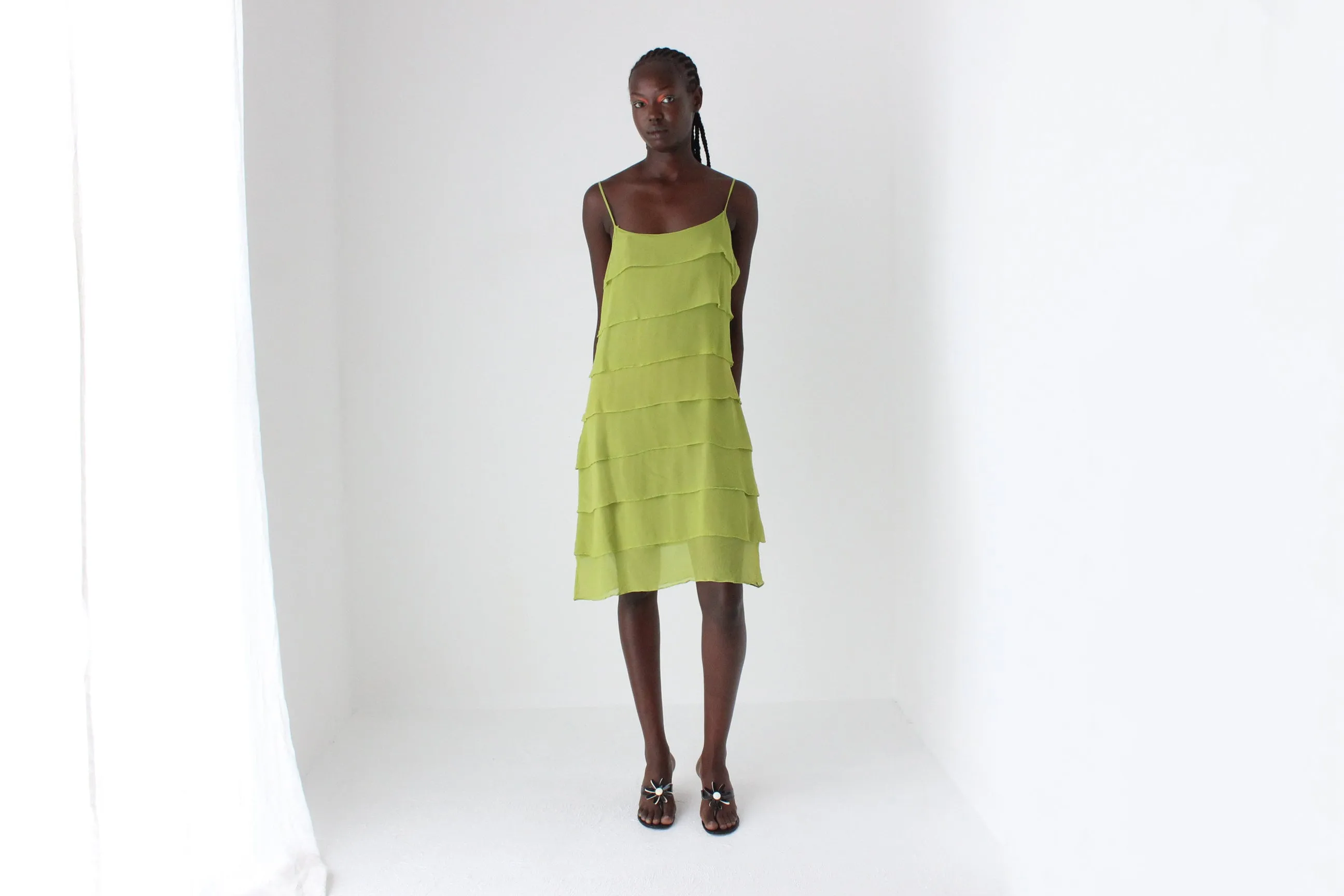 90s Chartreuse Silk Layered Ruffle Slip Dress