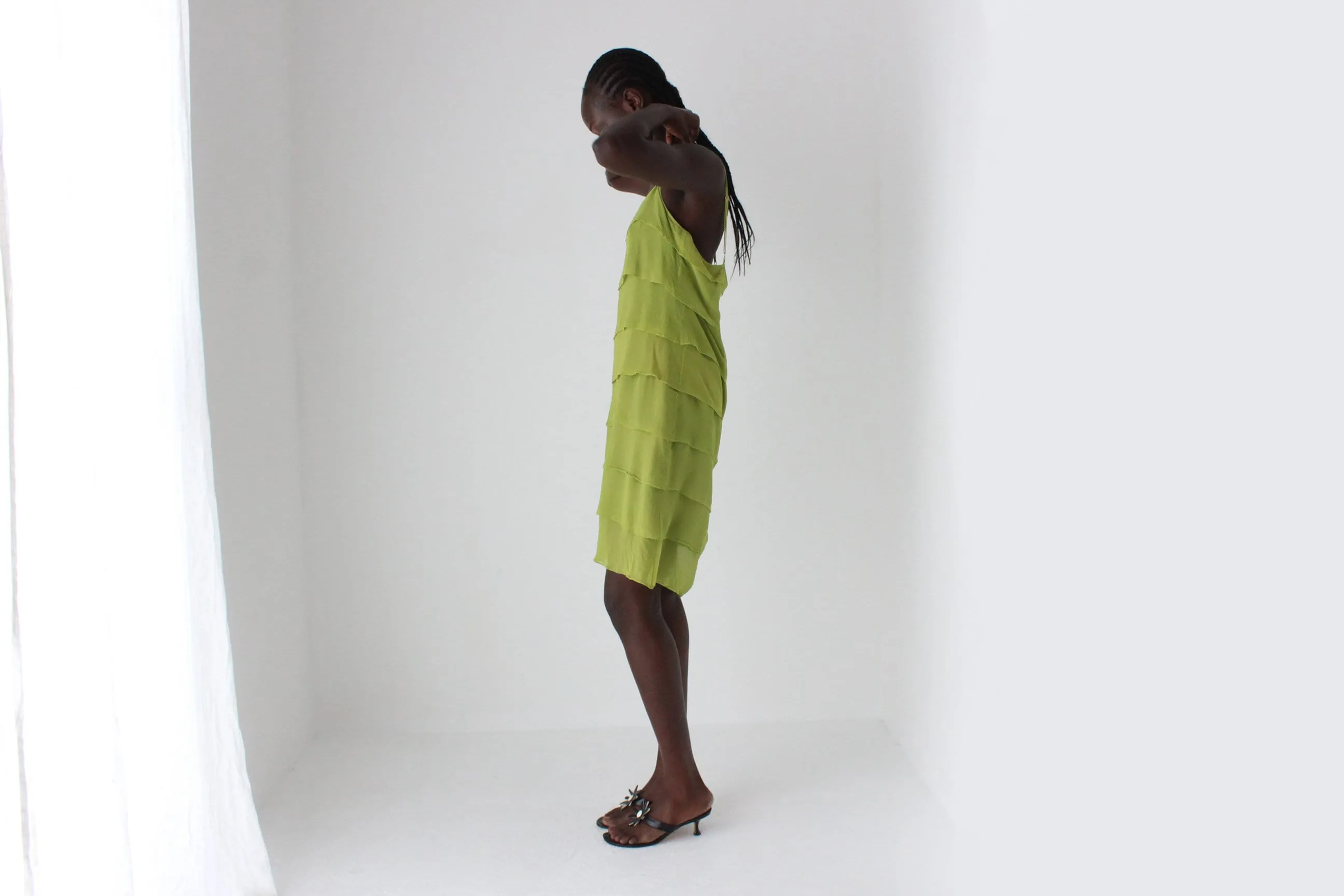 90s Chartreuse Silk Layered Ruffle Slip Dress