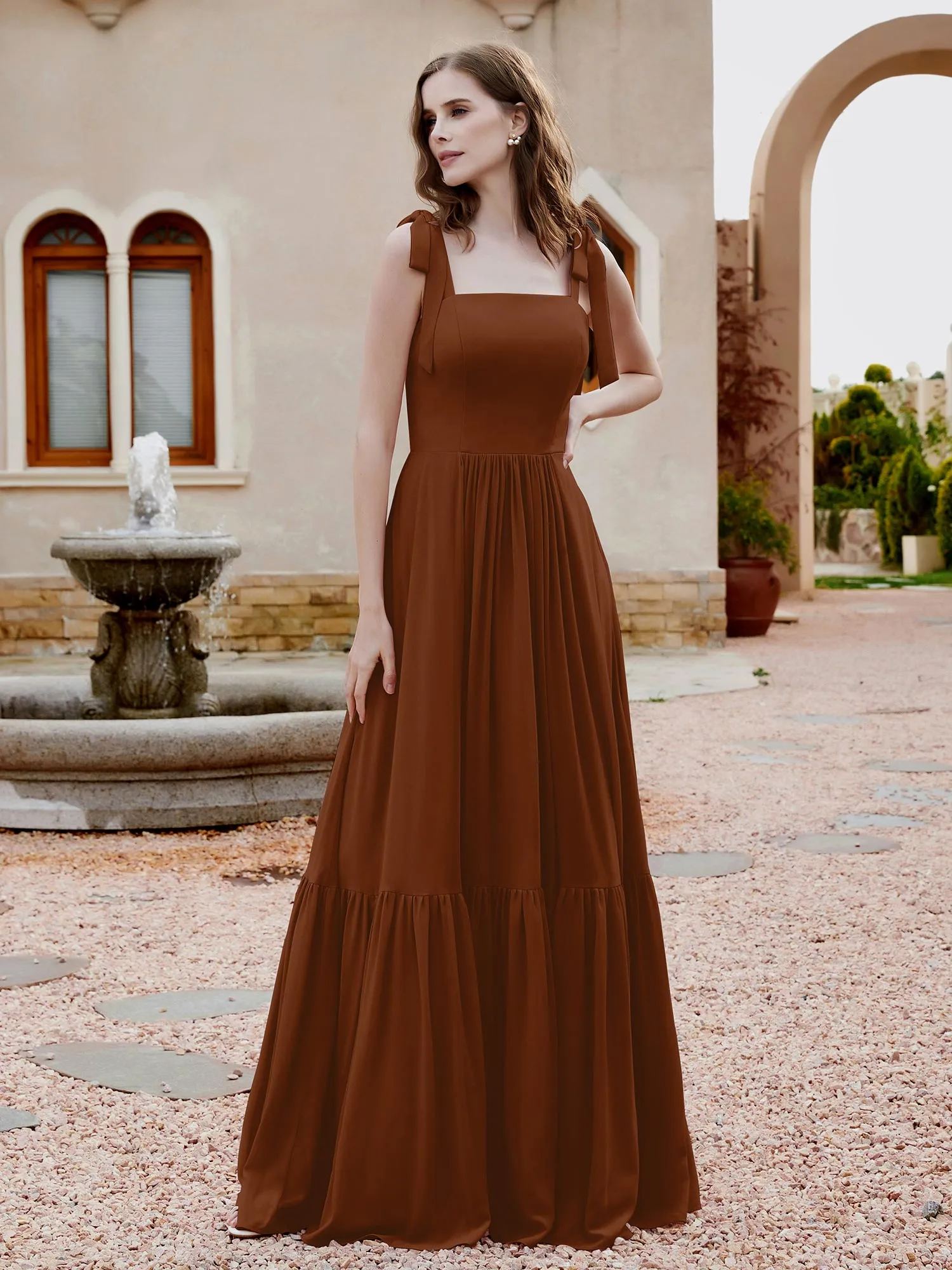 A-Line Bow Ruffle Sleeveless Chiffon Dress Terracotta