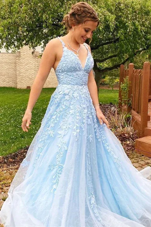 A-Line V-Neck Sleeveless Spaghetti Straps Light Blue Lace Long Prom Dresses    fg3089