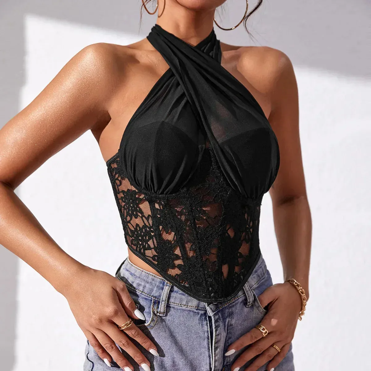 Advbridge-Sexy Lace Halter Crop Top Camisole Stitching Tank Top Bustier Women Sleeveless Lingerie Tube Tops Ladies Slim Corset Vest Summer