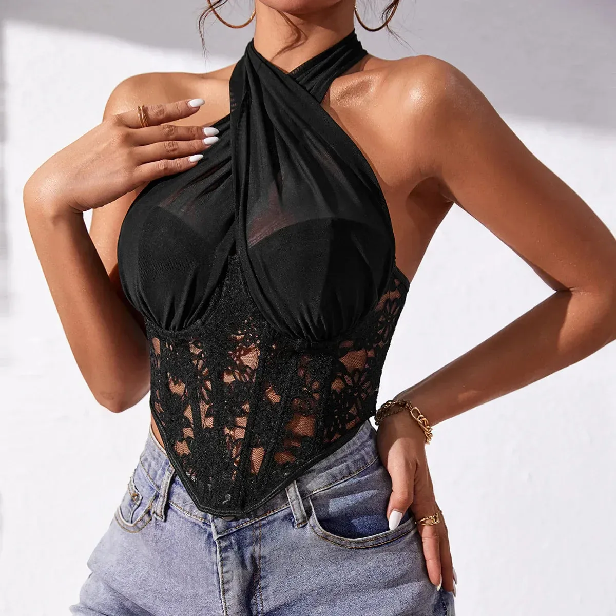 Advbridge-Sexy Lace Halter Crop Top Camisole Stitching Tank Top Bustier Women Sleeveless Lingerie Tube Tops Ladies Slim Corset Vest Summer