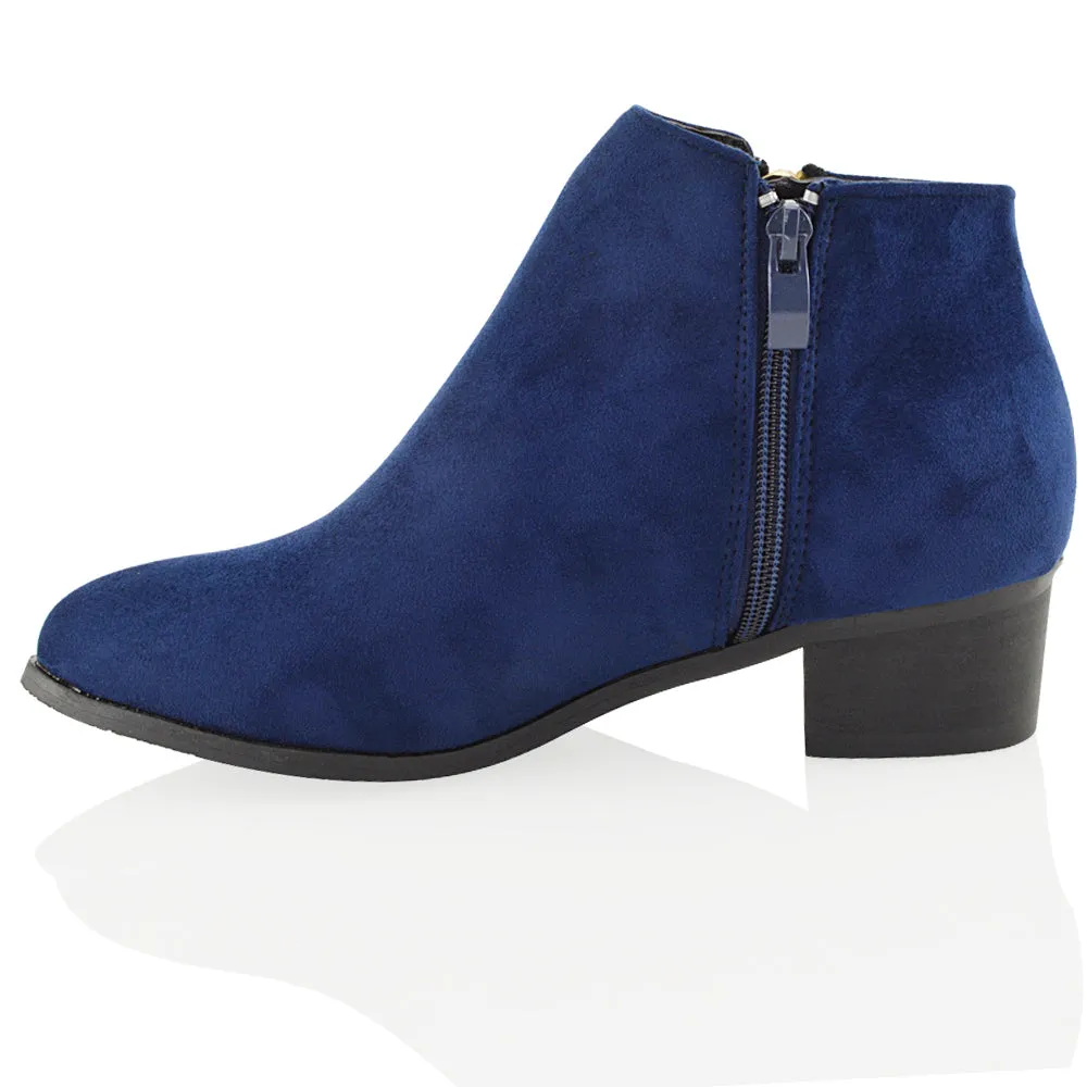 Alberto Zip Up Ankle Boots With Low Block Heel in Navy Faux Suede