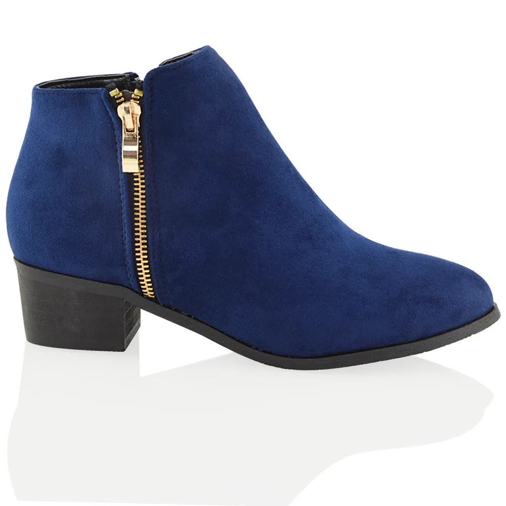 Alberto Zip Up Ankle Boots With Low Block Heel in Navy Faux Suede