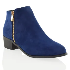 Alberto Zip Up Ankle Boots With Low Block Heel in Navy Faux Suede