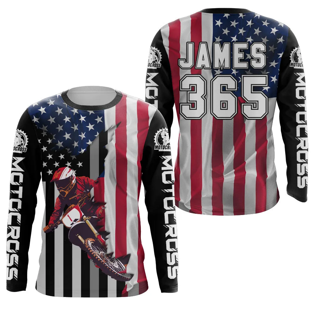 American Flag Motocross Racing Jersey Women Men UPF30  Dirt Bike Off-Road Long Sleeve Shirt Patriotic