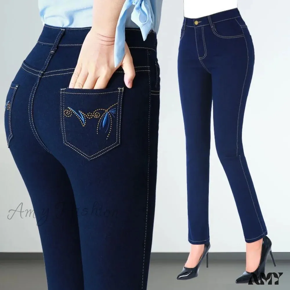 Amy Fashion - Elegant Skinny Straight Vaqueros Embroidered Pantalones