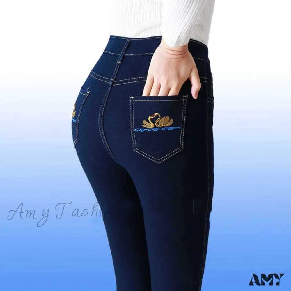 Amy Fashion - Elegant Skinny Straight Vaqueros Embroidered Pantalones