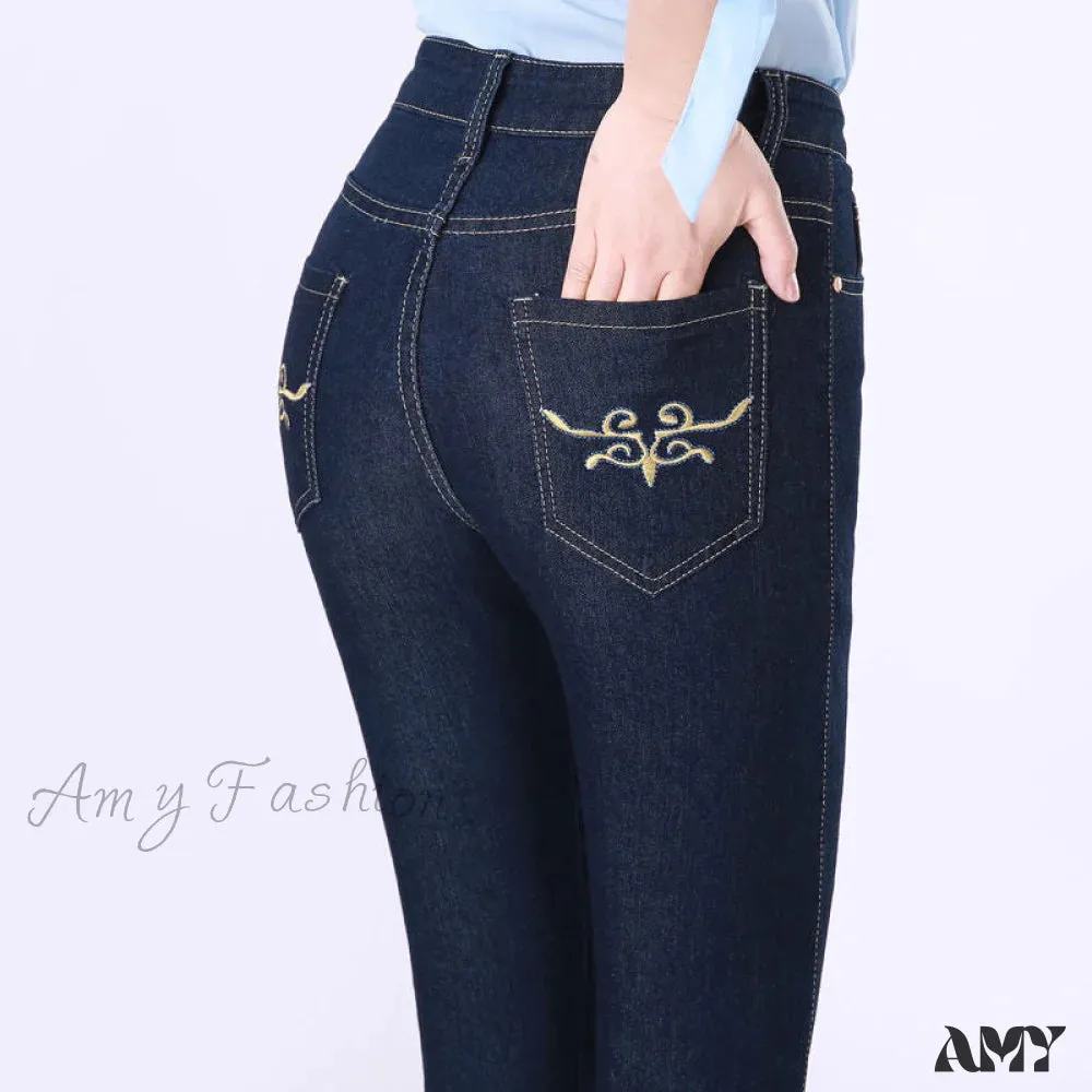 Amy Fashion - Elegant Skinny Straight Vaqueros Embroidered Pantalones