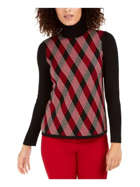 Anne Klein Women's Argyle Long Sleeve Turtle Neck T-Shirt Sweater Black