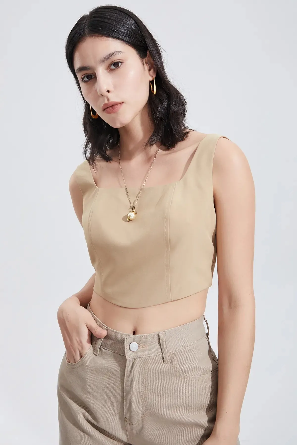 Backless Zipper Square Neck Crop Top