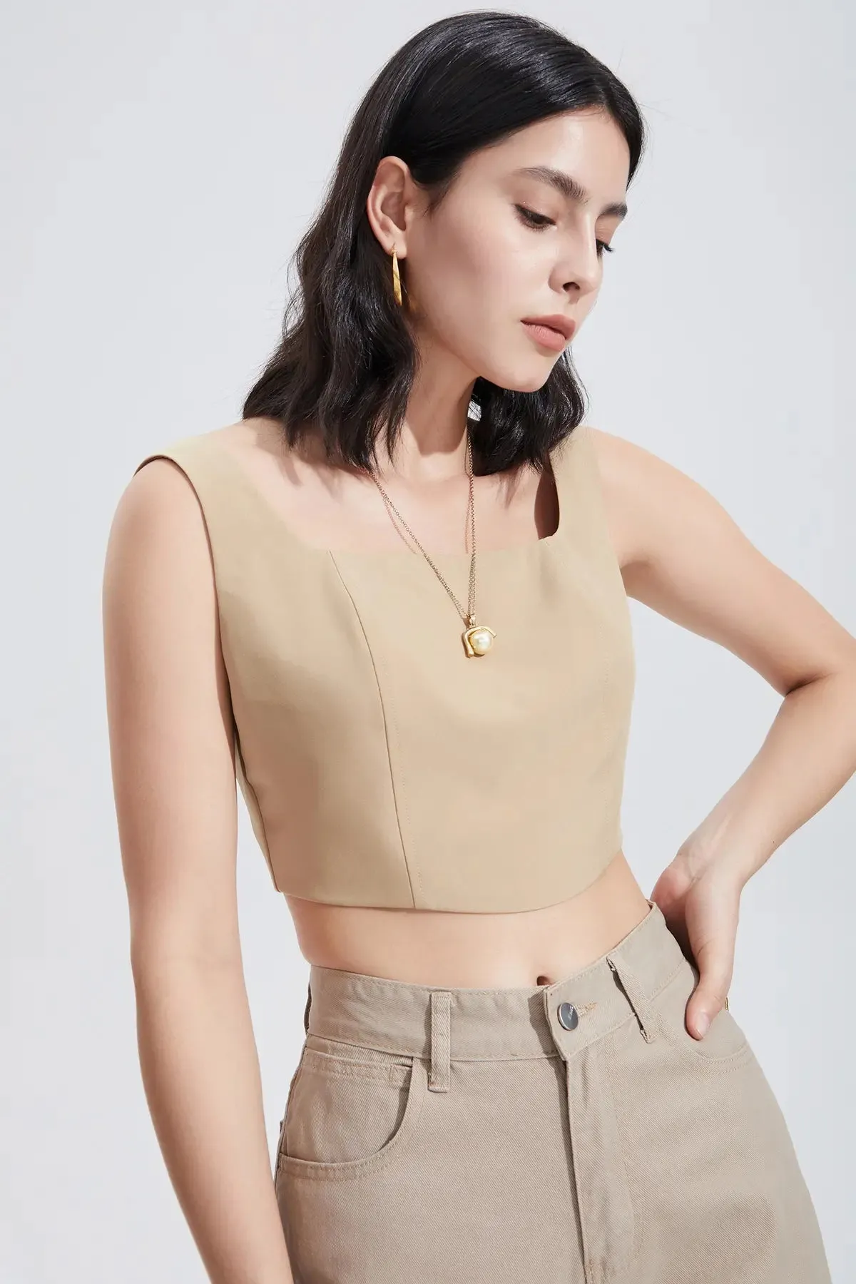 Backless Zipper Square Neck Crop Top