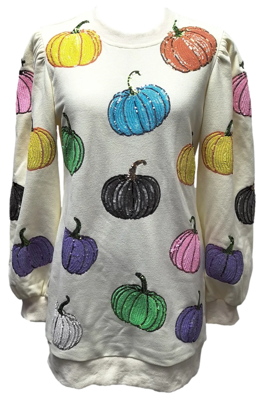 Beige Multi Pumpkin Sweatshirt Dress- Women's