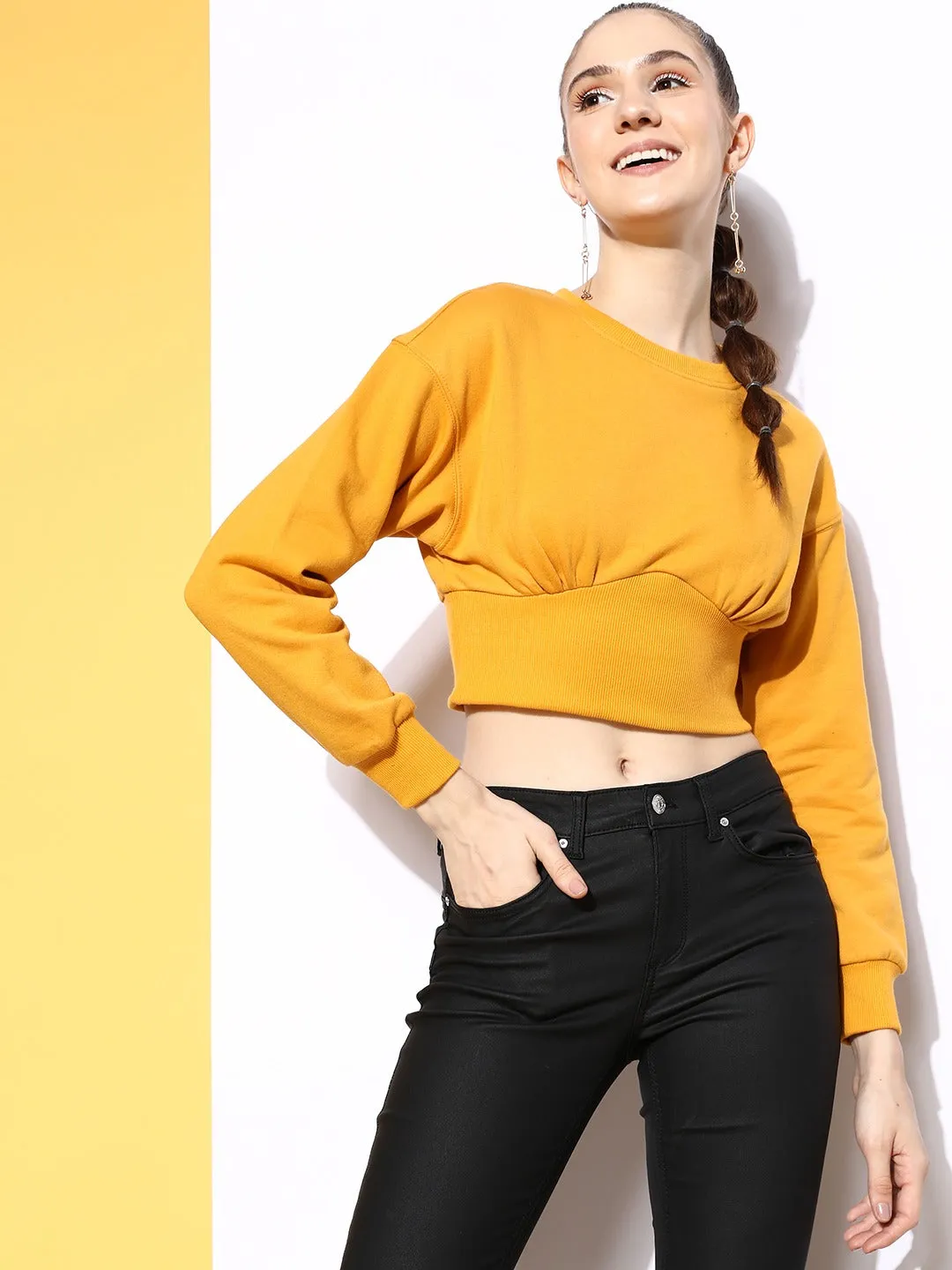 Berrylush Women Solid Yellow Round Neck Straight Hem Crop Pullover Sweatshirt