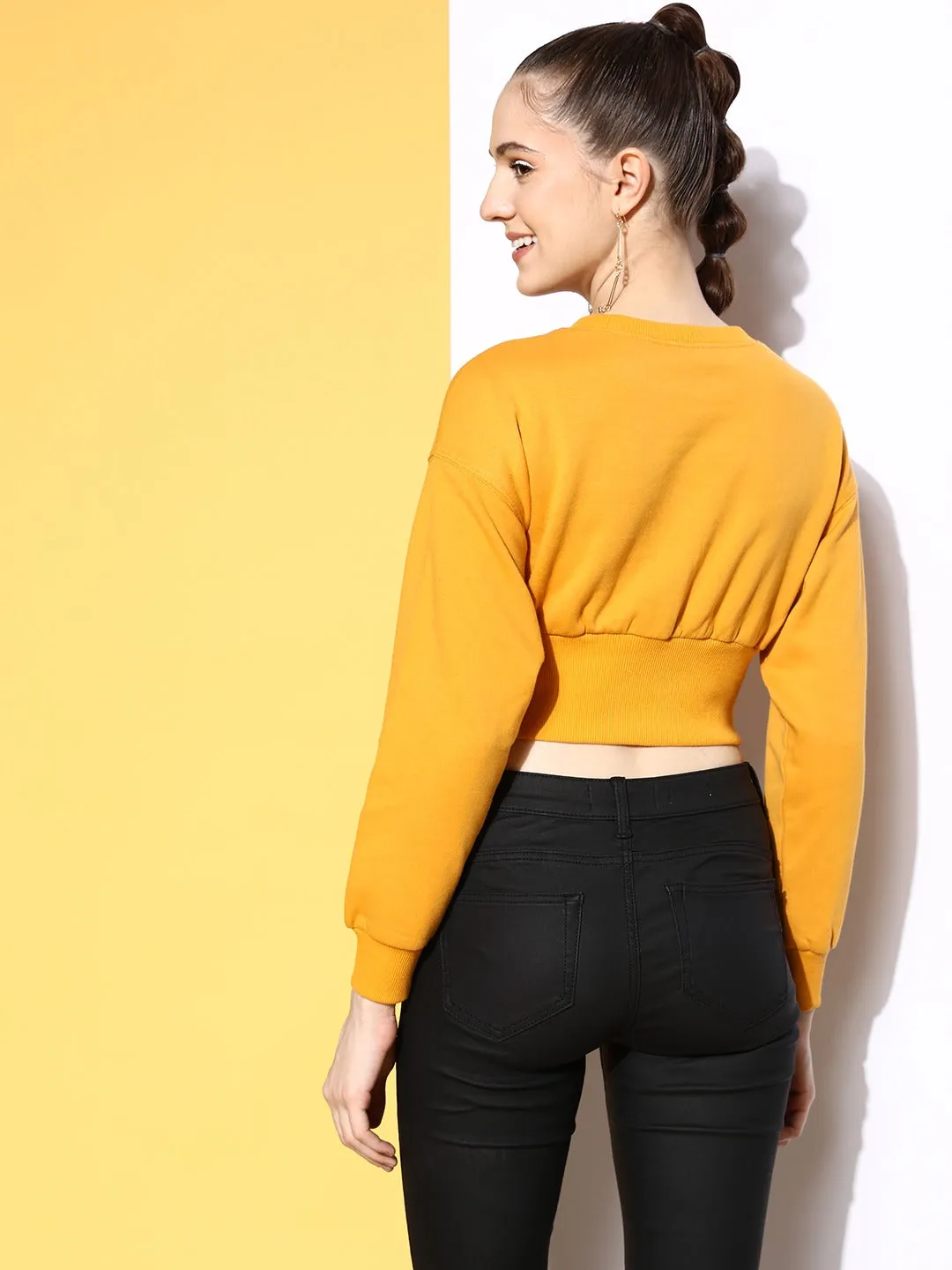 Berrylush Women Solid Yellow Round Neck Straight Hem Crop Pullover Sweatshirt