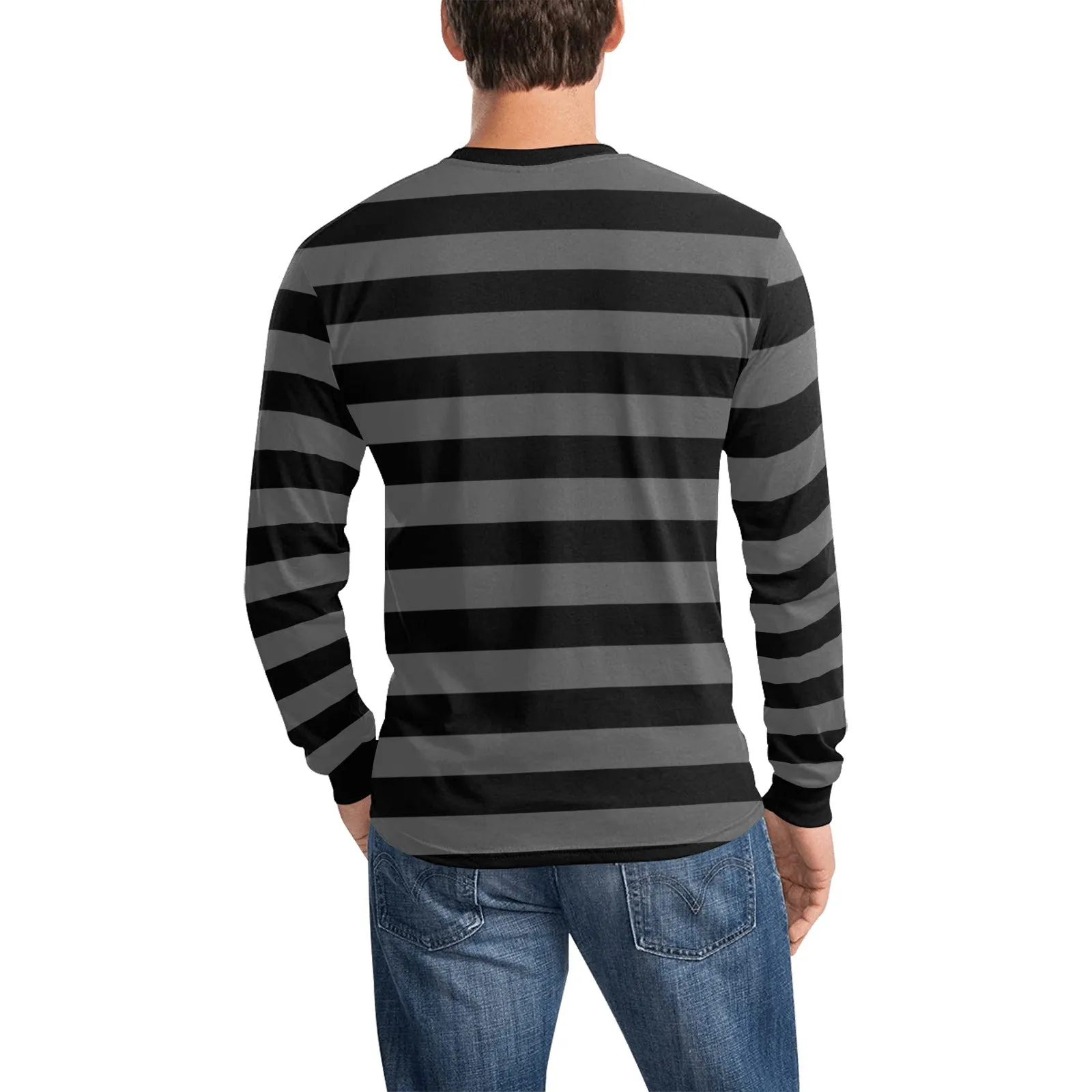 Black and Grey Men Long Sleeve Striped TShirt, Gray Graphic Vintage Retro Broad Stripes Crewneck Unisex Women Designer Male Guys Tee