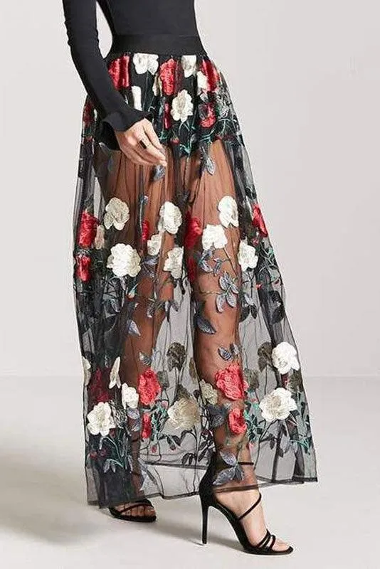 Black Floral Embroidered Mesh Maxi Skirt