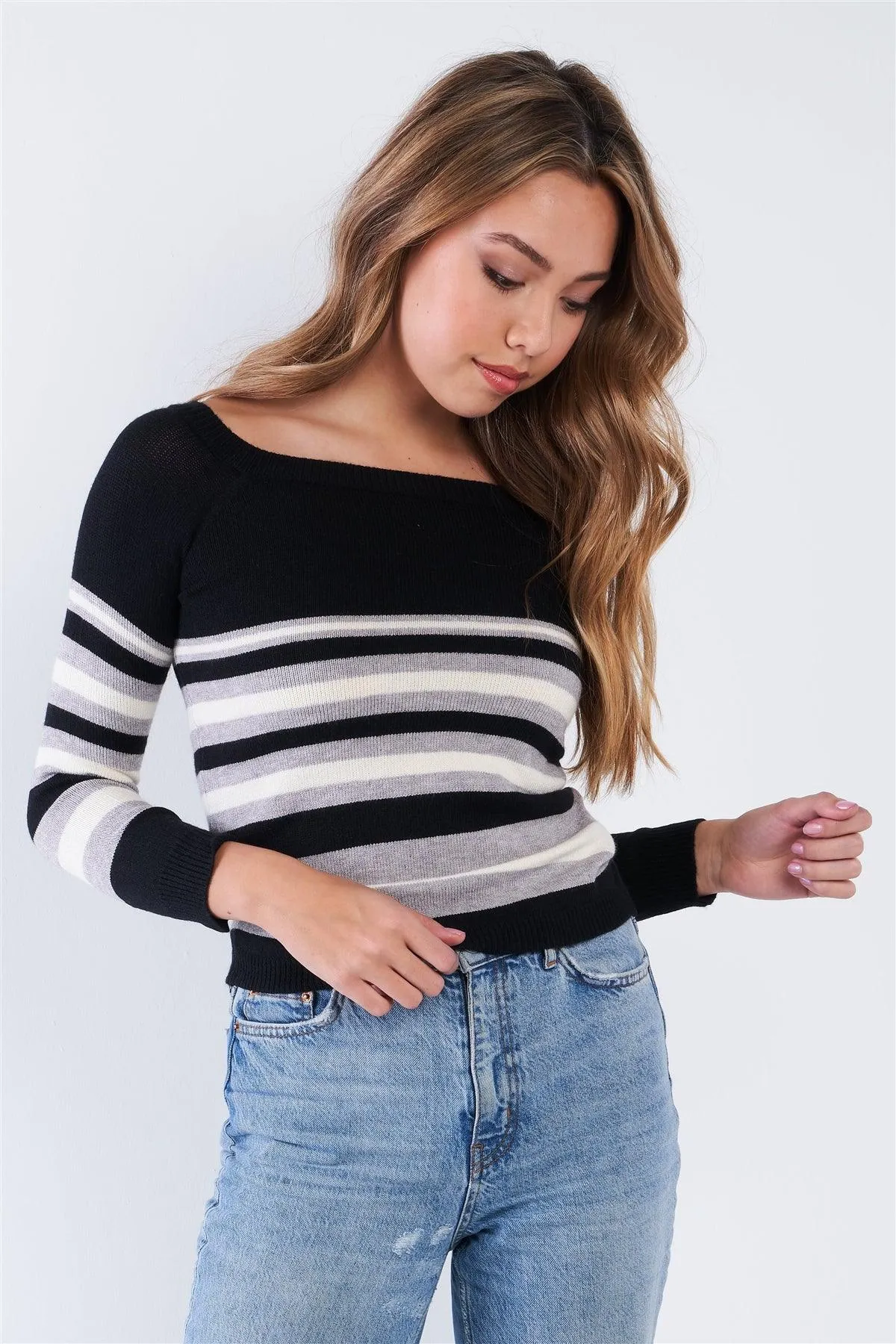 Black Multi Stripe Square Neck Long Sleeve Top