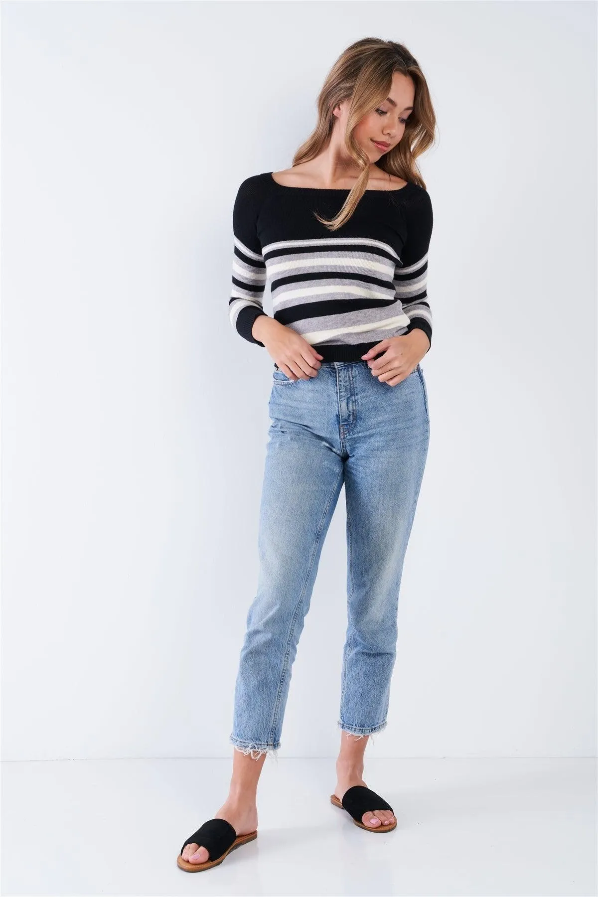 Black Multi Stripe Square Neck Long Sleeve Top