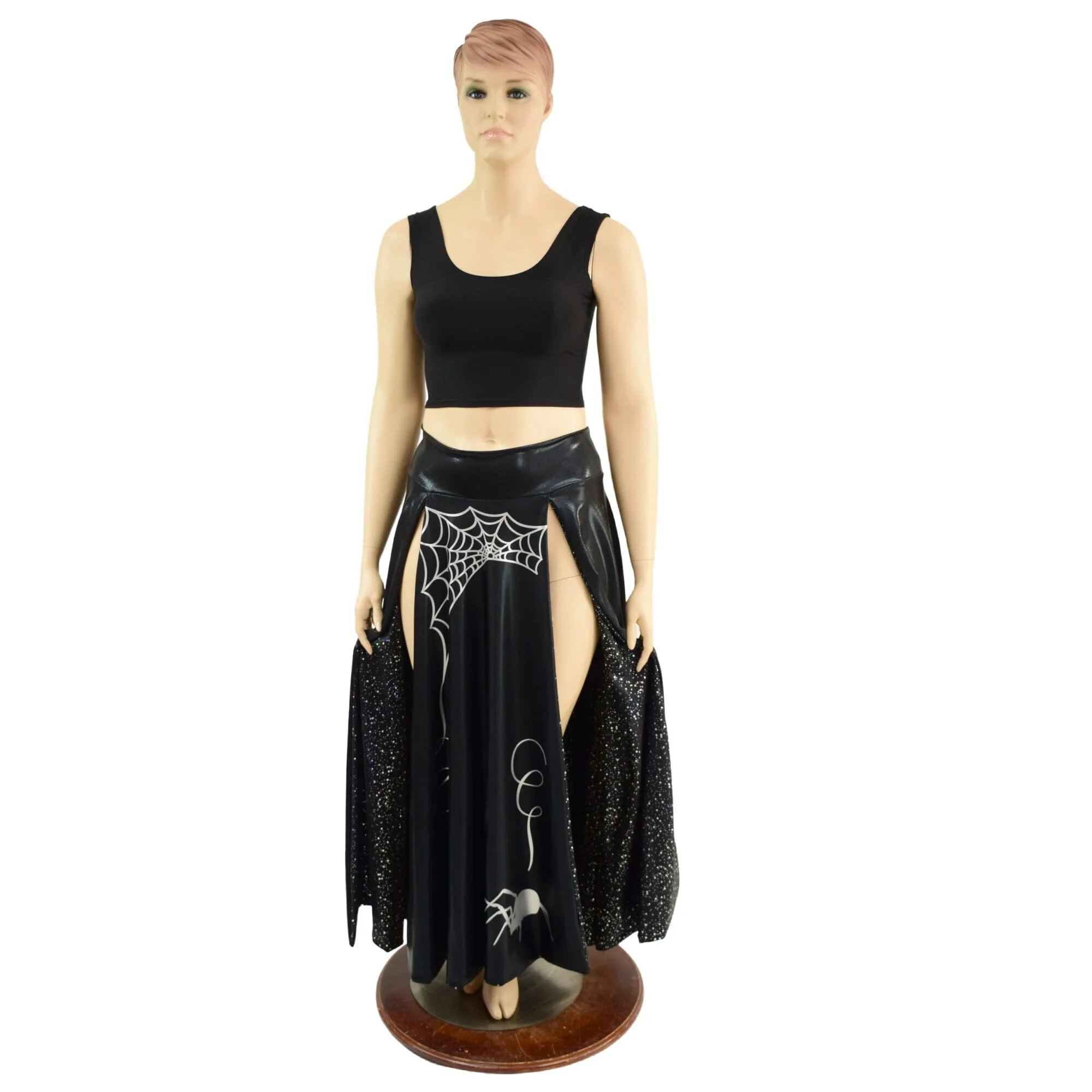 Black Mystique Double Split Skirt with Silver Spider and Star Noir Lining