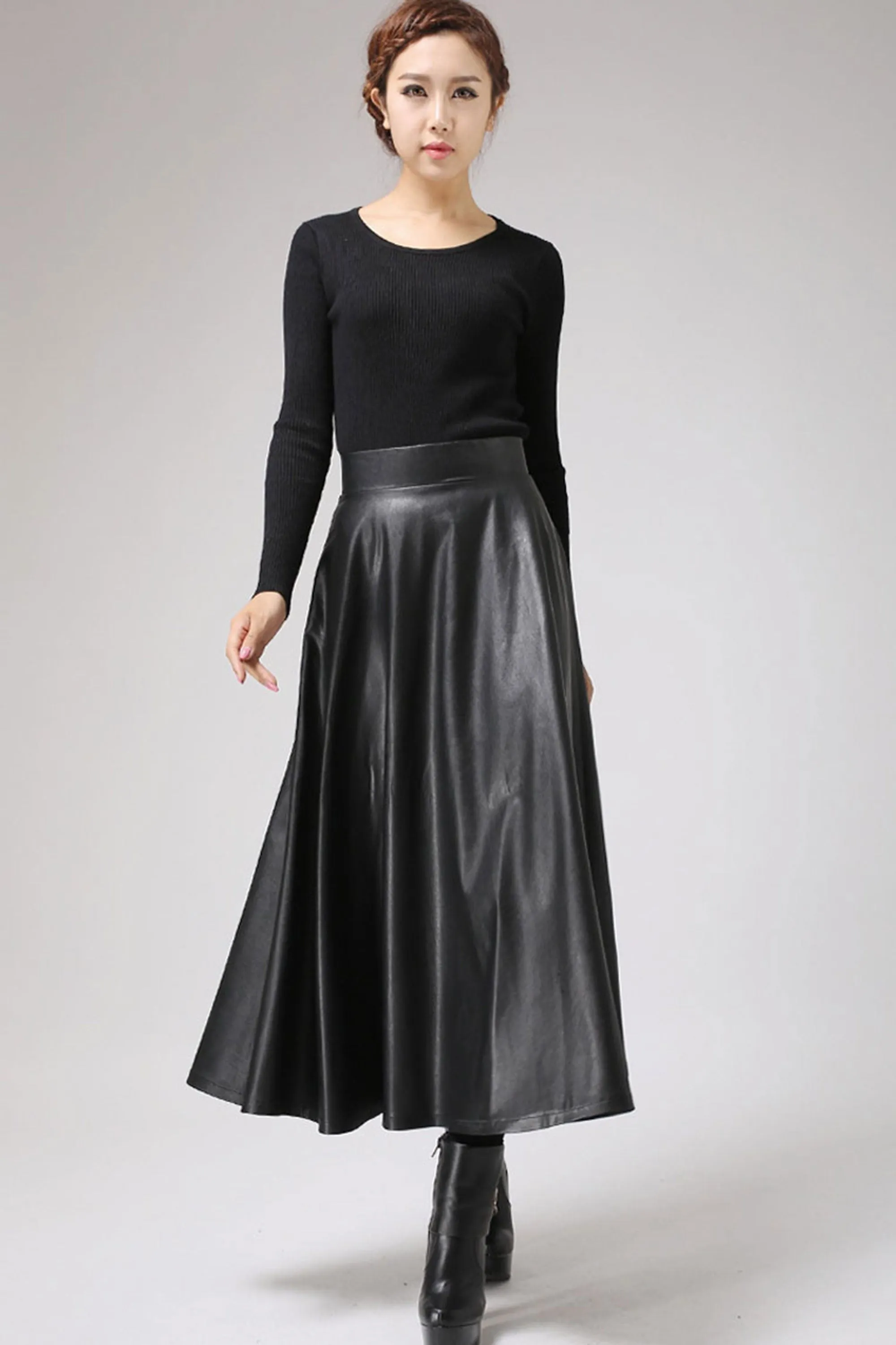 Black PU skirt maxi skirt long skirt 0719