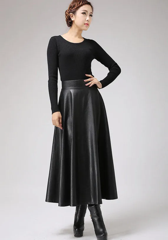 Black PU skirt maxi skirt long skirt 0719