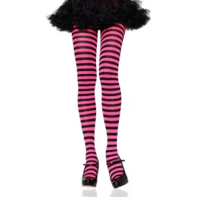 Black/Neon Pink Nylon Stripe Tights - OS