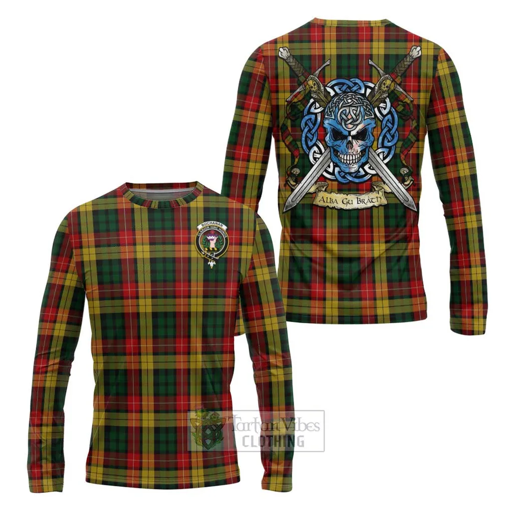 Buchanan Tartan Long Sleeve T-Shirt with Family Crest Celtic Skull Style