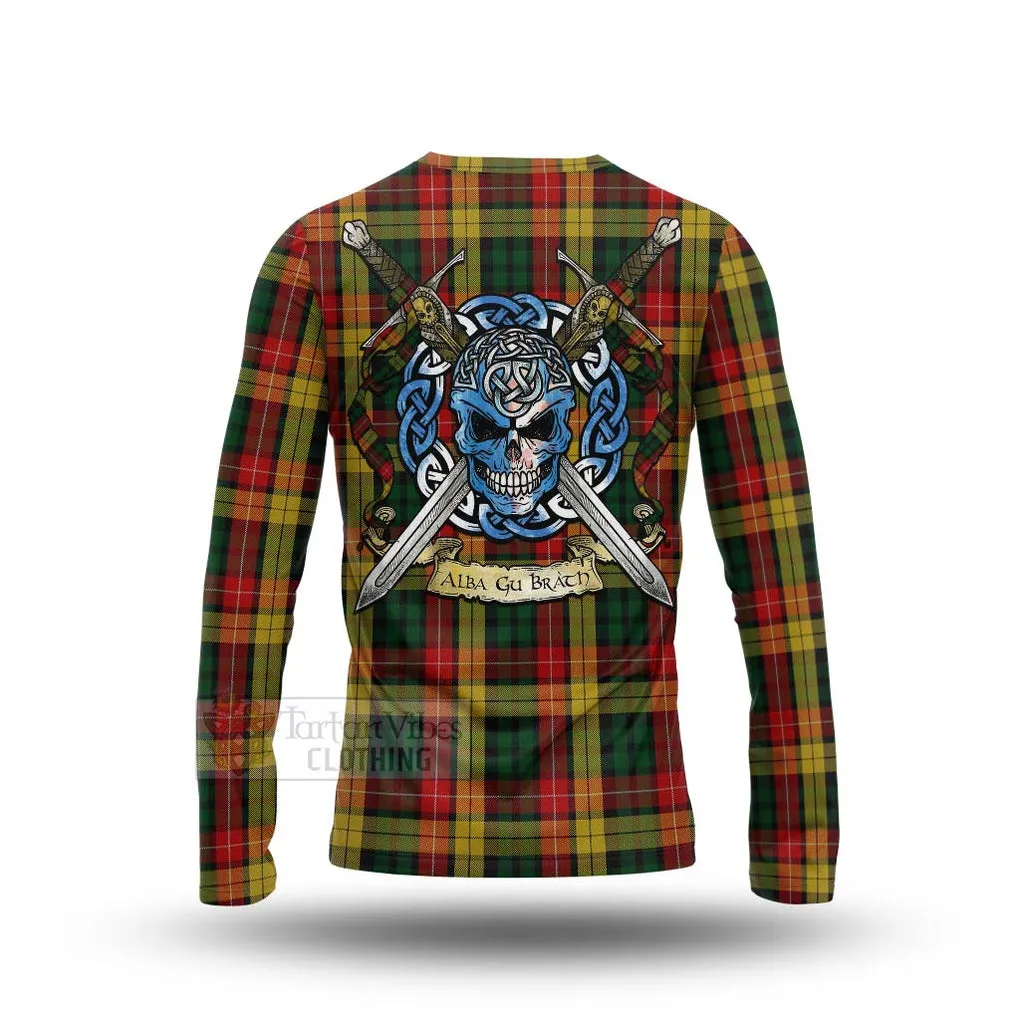 Buchanan Tartan Long Sleeve T-Shirt with Family Crest Celtic Skull Style