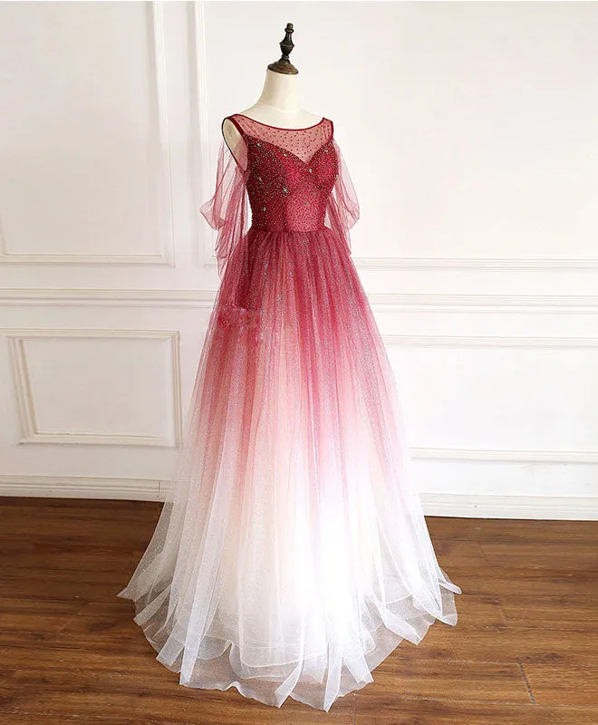 Burgundy Round Neck Tulle Long Prom Dress Burgundy Evening Dress