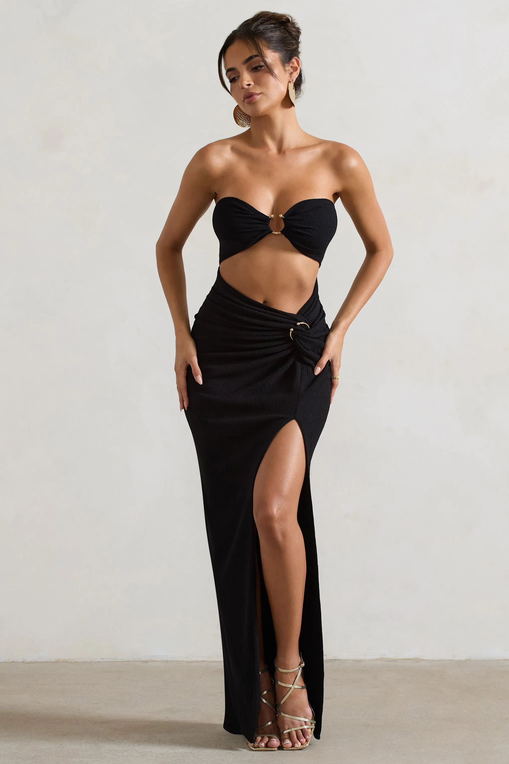 Cancun | Black Crinkle Strapless Cut-Out Maxi Dress With Twist