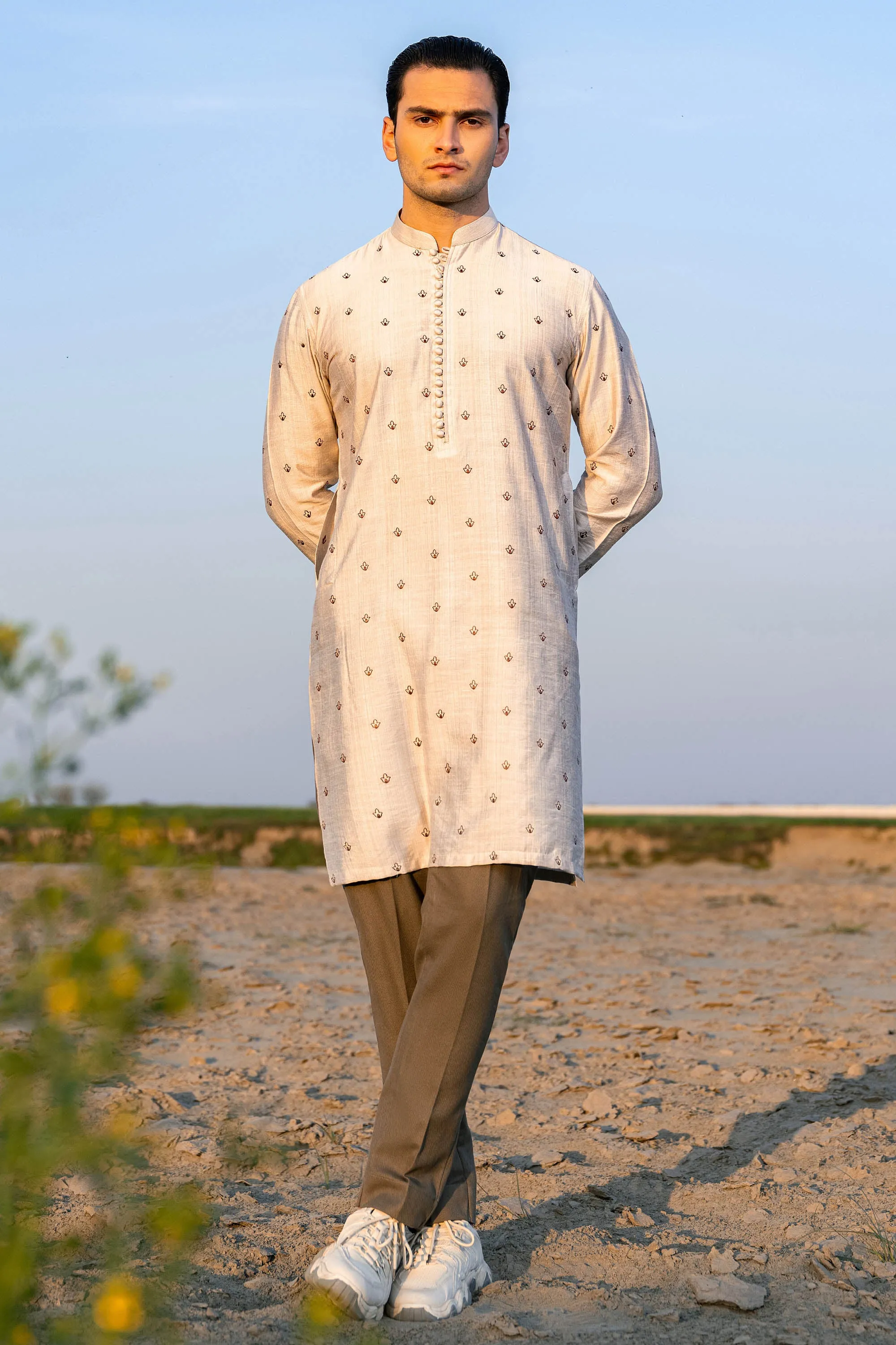 Caramel White Embroidered Kurta Jacket Set