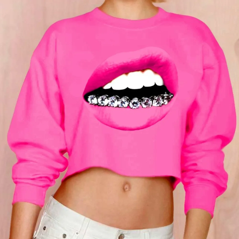 Casual 3D Mouse Tooth Print Long Sleeves Crop Top