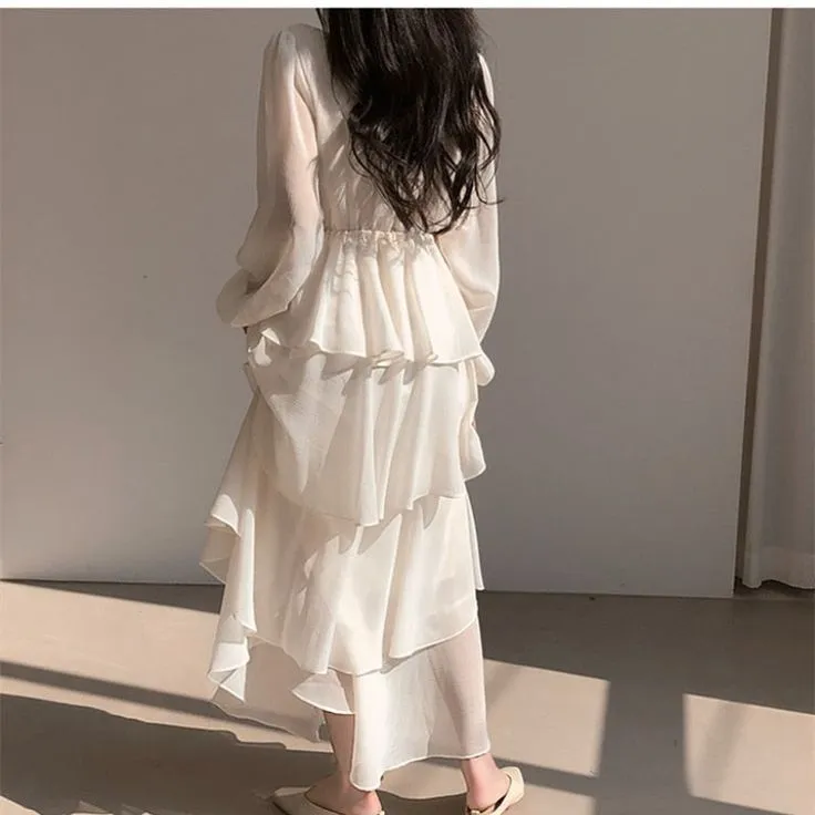 Casual Dresses V Neck Layered Ruffle Lantern Long Sleeve Cake Dress      fg4753