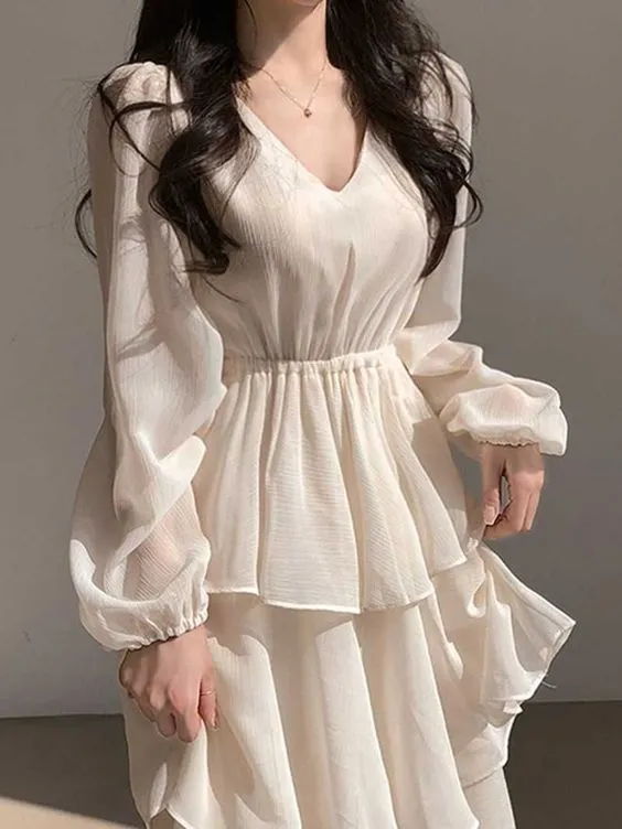 Casual Dresses V Neck Layered Ruffle Lantern Long Sleeve Cake Dress      fg4753