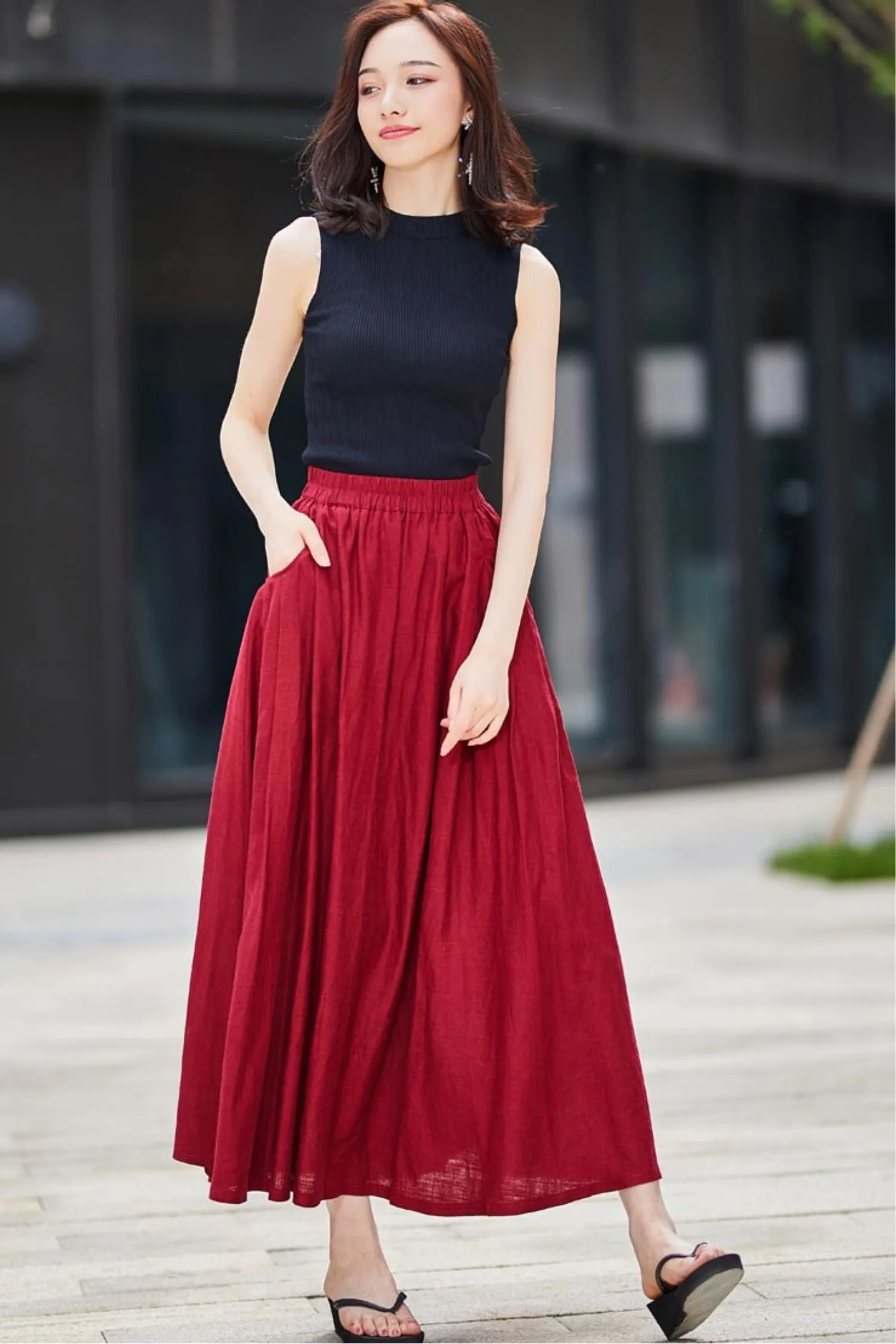 Casual Linen maxi Skirt with pleated Pockets  2176