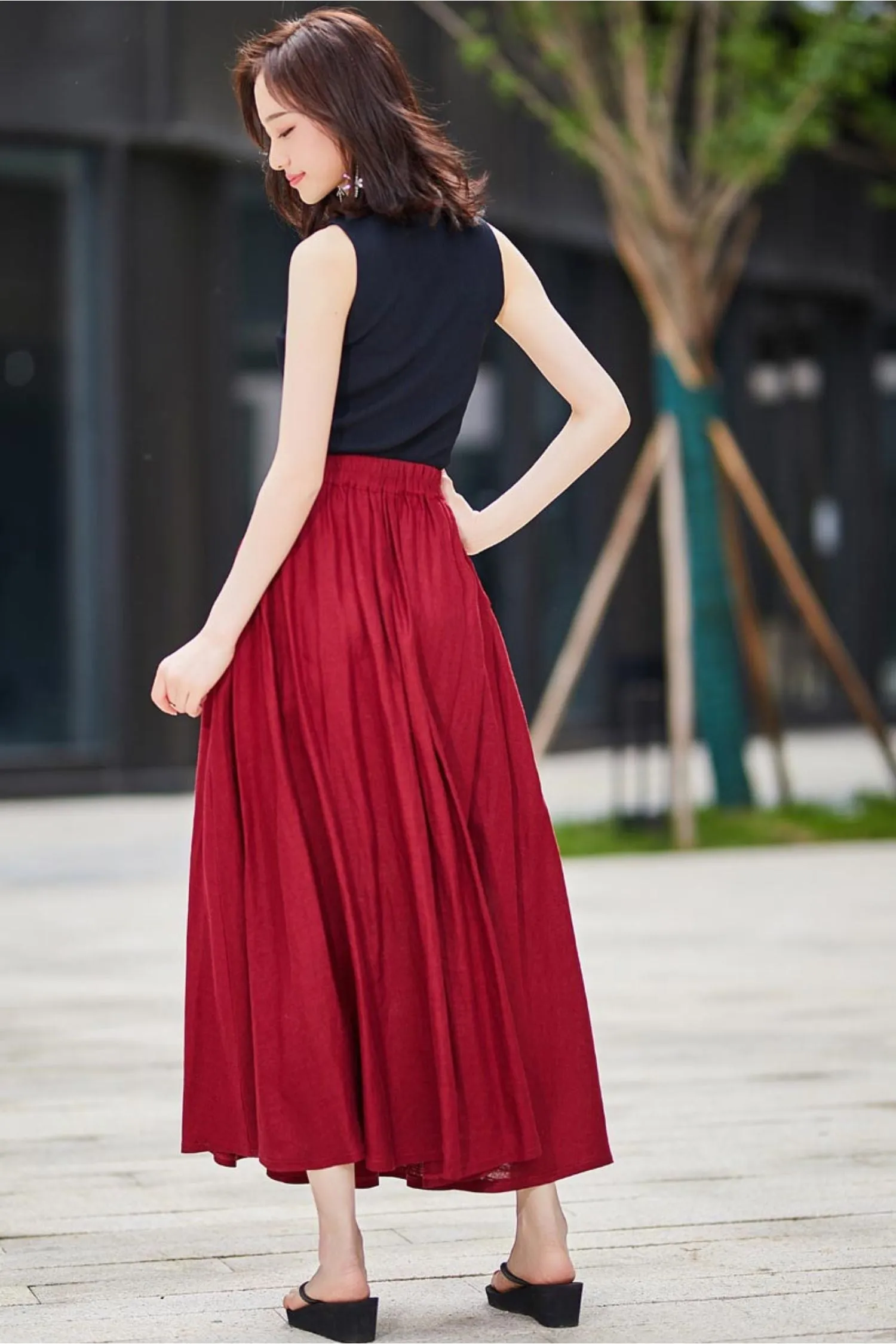 Casual Linen maxi Skirt with pleated Pockets  2176