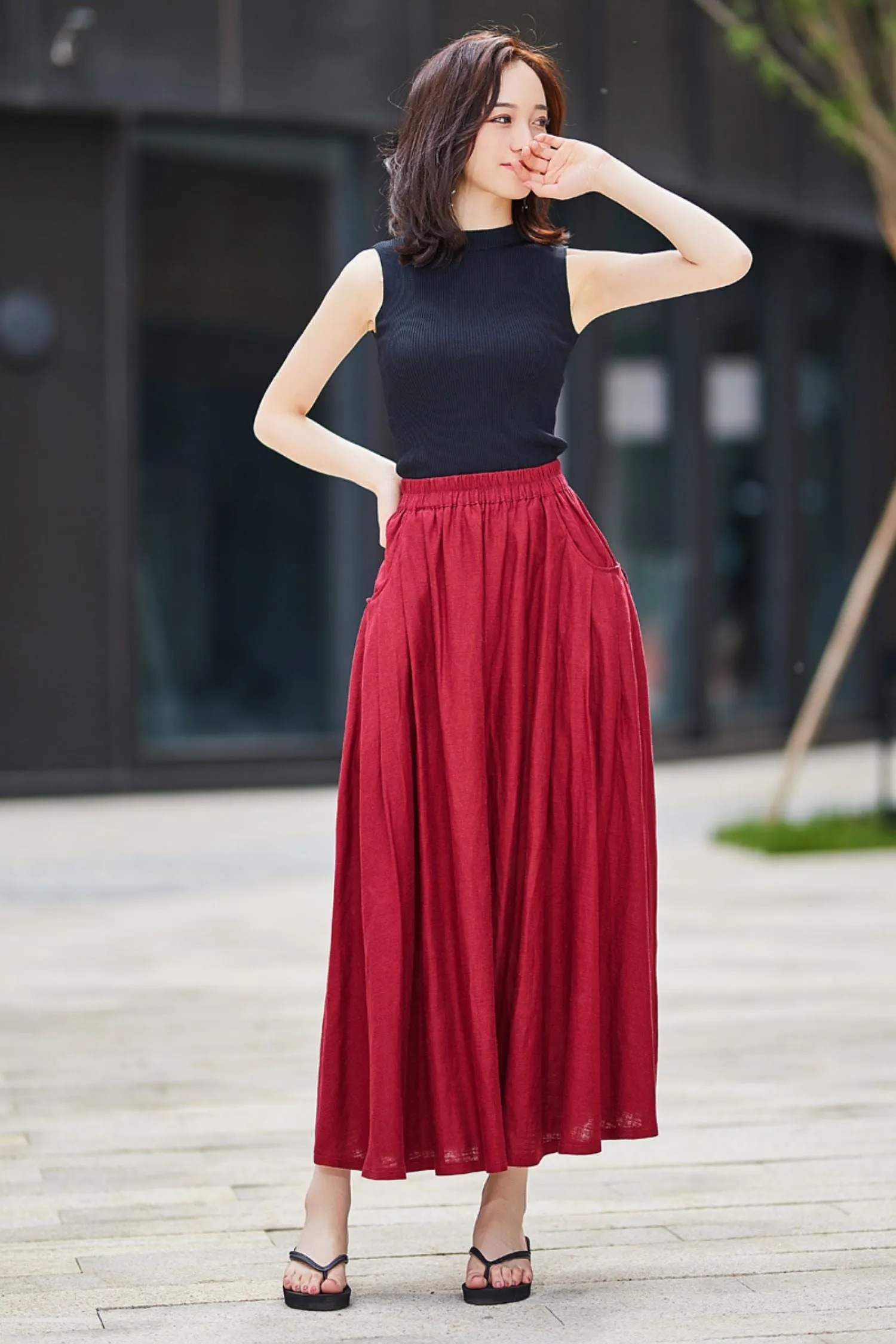 Casual Linen maxi Skirt with pleated Pockets  2176