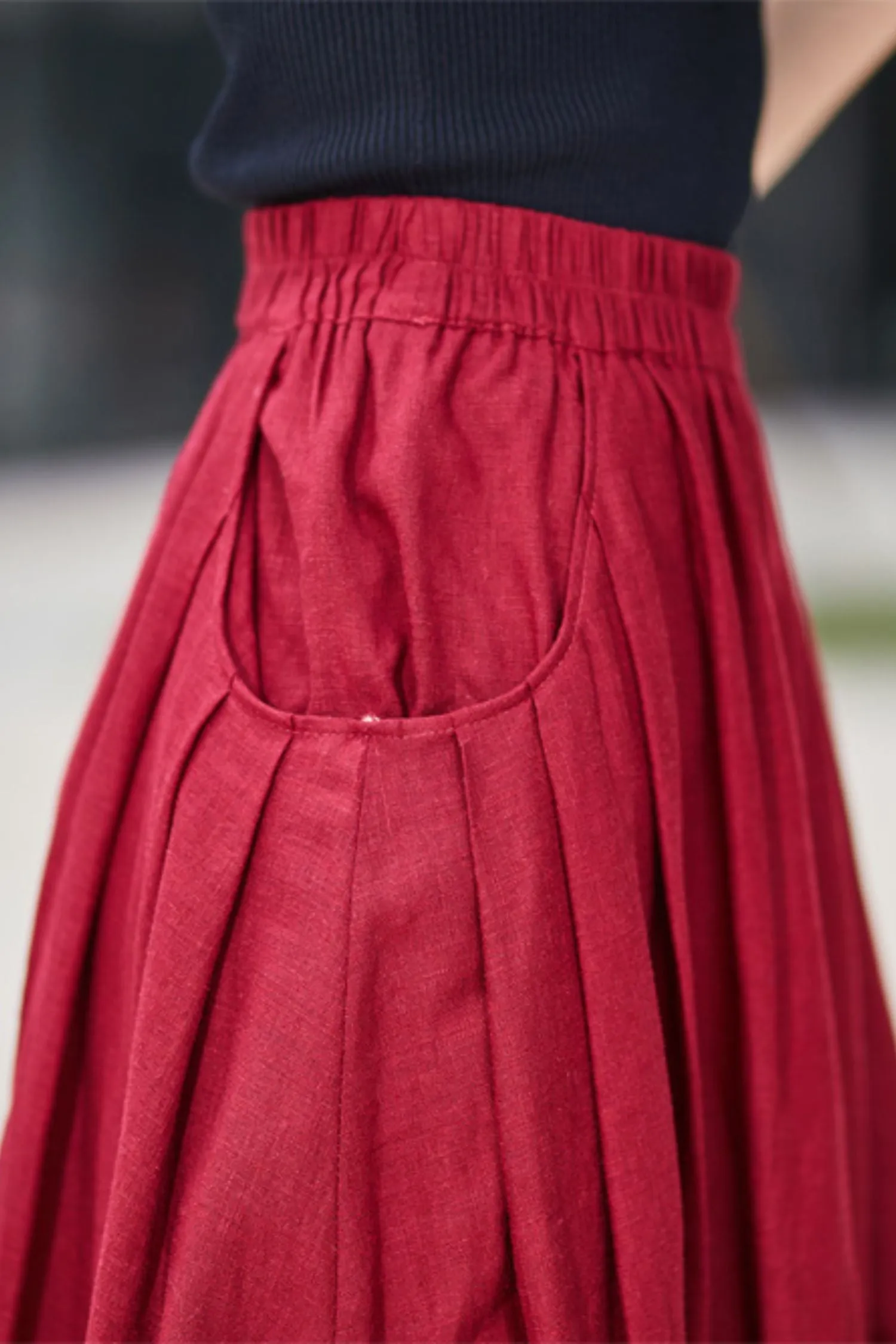 Casual Linen maxi Skirt with pleated Pockets  2176