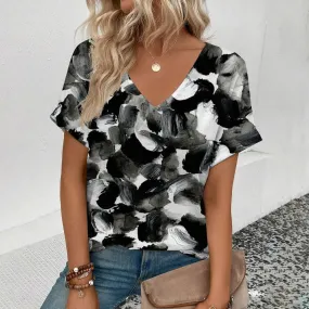 Casual Women's Summer Elegant Large Size Comfort T-Shirt Fashion Flower Pattern Print Women's V-neck Short Sleeve T-Shirt